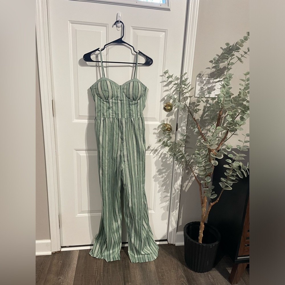 Jumpsuit size large green white striped with padded support like new